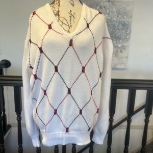 Vintage Woman's Argyle Diamond Sweater Large  LADY‎ LA MODE White/red/blue USA